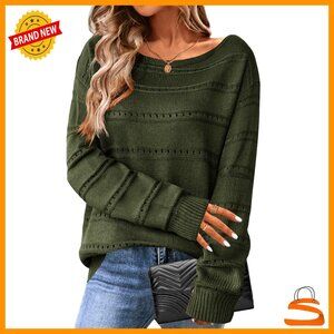 Crochet Pullover Sweater Long Sleeve Boat Neck Loose Fit Hollow Out